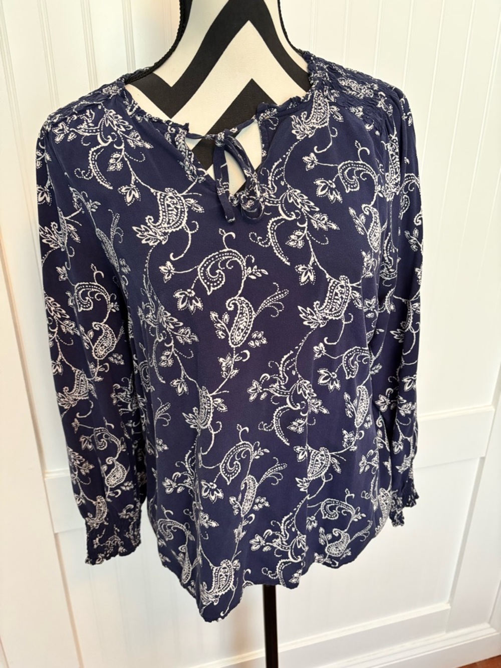 Talbots Navy and White Paisley Tie-Neck Blouse